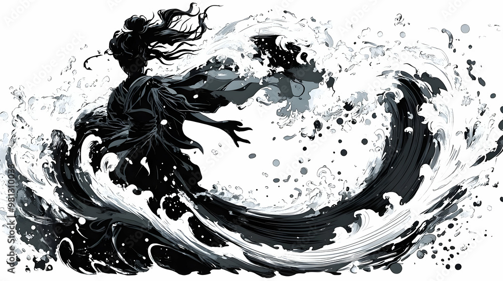 Woman in Black Dress Encircled by a Wave, Japanese Art Style, Digital Painting