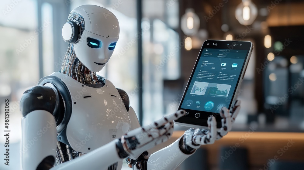 A digital assistant powered by AI helping a user manage their finances through a smartphone app A digital assistant powered by AI helping a user manage their finances through a smartphone app
