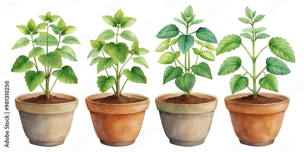Fototapeta premium Set of Four Small Separate Turnera Diffusa (Damiana) Plants Isolated on Transparent Background, Ideal for Herbal and Botanical Projects