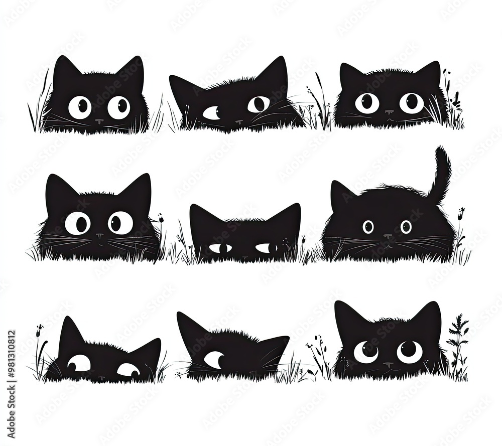 Playful black cat faces peeking through grass, featuring big eyes and varied expressions, capturing their curious and whimsical nature. Playful black cat faces peeking through grass, featuring big eyes and varied expressions, capturing their curious and whimsical nature.