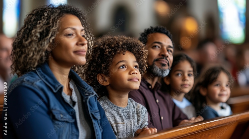 A family attending a religious service together, with expressions of devotion and faith A family attending a religious service together, with expressions of devotion and faith