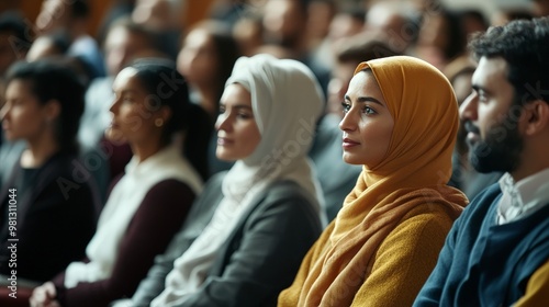 A diverse group of people gathered for an interfaith dialogue, discussing various religious beliefs