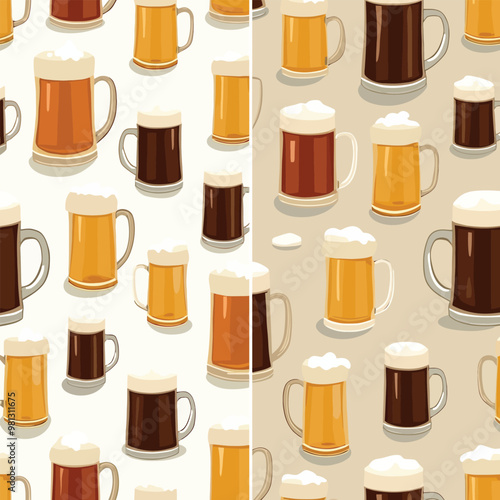 Seamless pattern of different types of beer glasses and mugs in a minimalist style in two different background