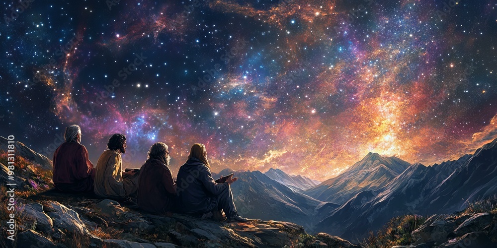 Fototapeta premium Four people gaze at a star-filled sky over mountains.