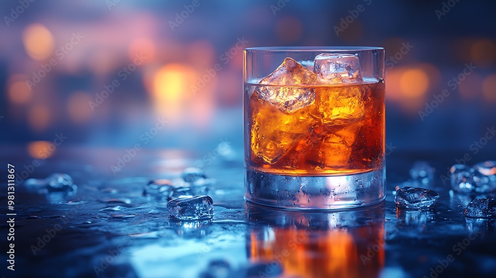 A glass of whiskey with ice on a table with a blurred background. A glass of whiskey with ice on a table with a blurred background.