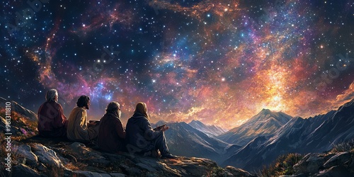 Wallpaper Mural Four people gaze at a star-filled sky over mountains. Torontodigital.ca
