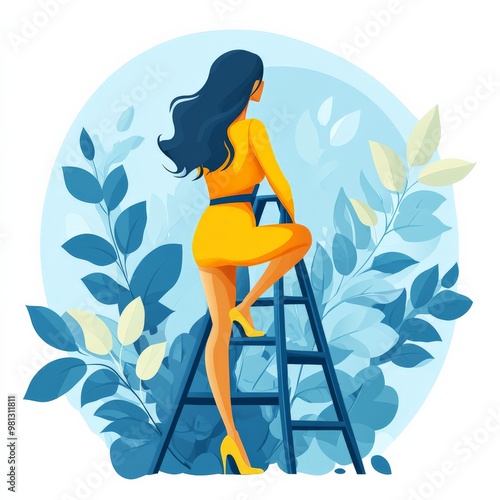 Reaching for the Top: A woman in a bright yellow dress climbs a ladder, symbolizing ambition, determination, and progress. The vector illustration features a minimalist design and vibrant colors, emph photo