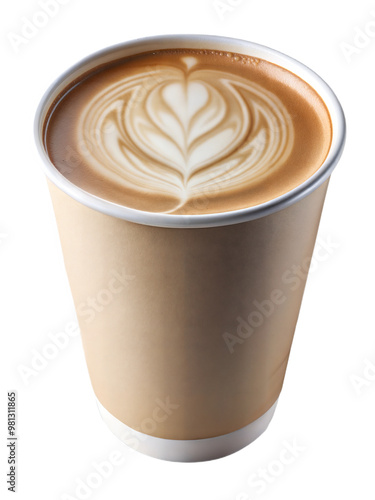 Cappuccino with beautiful heart shape latte art in the paper to-go cup isolated on white background. Take away coffee