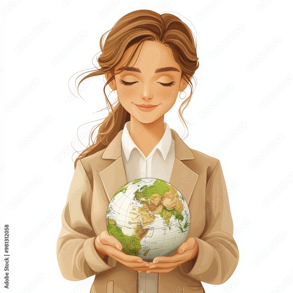 Caring for the Planet: A woman with a gentle smile holds a globe in her hands, representing responsibility, sustainability, and global care. Caring for the Planet: A woman with a gentle smile holds a globe in her hands, representing responsibility, sustainability, and global care.