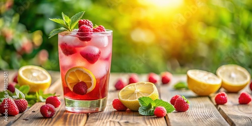 Refreshing raspberry lemonade cocktail with fresh berries and a lemon slice on a sunny summer day, cocktail, mocktail