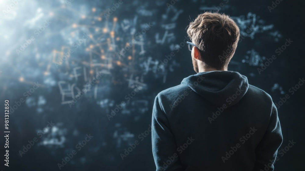 Person Contemplating Complex Math Concepts in Dark Space Person Contemplating Complex Math Concepts in Dark Space