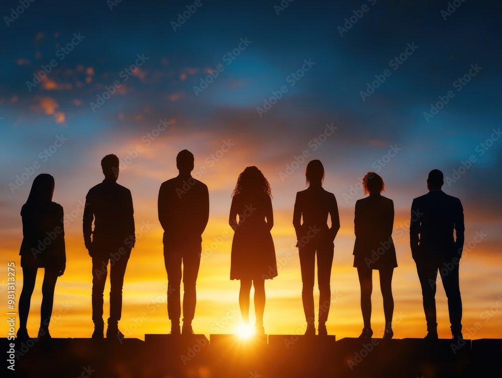 Fototapeta premium Silhouettes of six people standing against a colorful sunset, representing connection and contemplation.