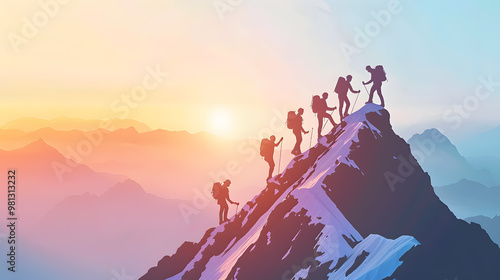 Group of people climbing a mountain peak, helping each other, representing teamwork and success in a business travel context