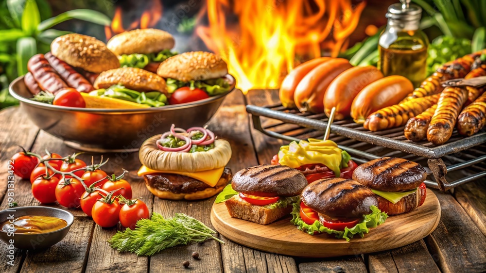 Savory aromas waft from a sizzling grill loaded with juicy burgers, crispy hot dogs, and golden brown vegetables, surrounded by rustic outdoor dinner table settings. Savory aromas waft from a sizzling grill loaded with juicy burgers, crispy hot dogs, and golden brown vegetables, surrounded by rustic outdoor dinner table settings.