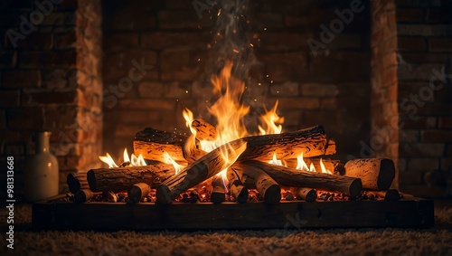 Cozy fireplace with glowing flames and warm bokeh lights. photo