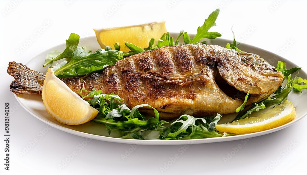 Grilled fish with rocket and lemon white backgraund Grilled fish with rocket and lemon white backgraund