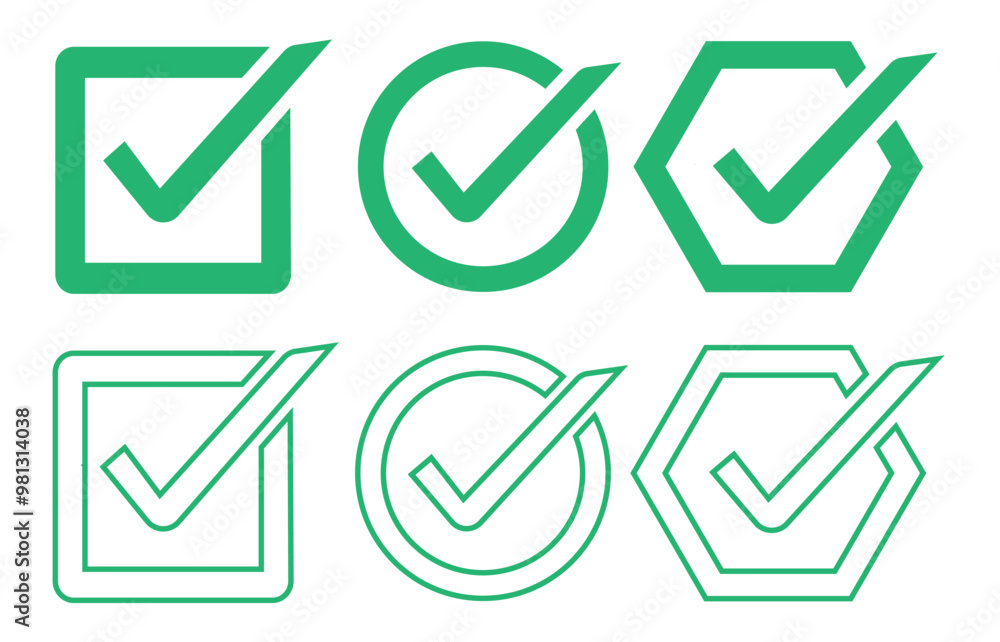 Green check mark icon set. circle, rectangle, polygonal tick approved symbol. Green check mark icon set. circle, rectangle, polygonal tick approved symbol.