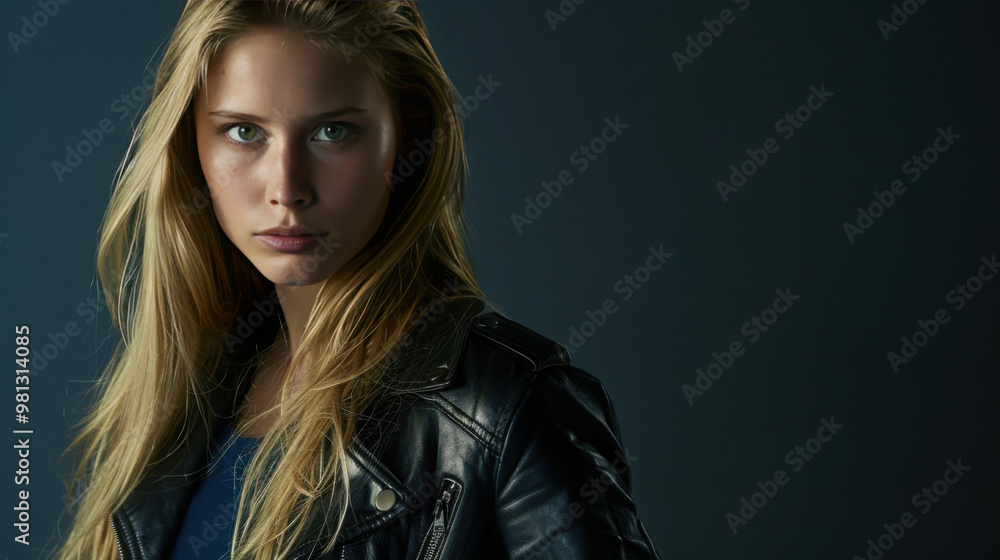 A blonde girl, long hair, green eyes, dressed in leather jacket, in danger, solid background dark blue color. A blonde girl, long hair, green eyes, dressed in leather jacket, in danger, solid background dark blue color.