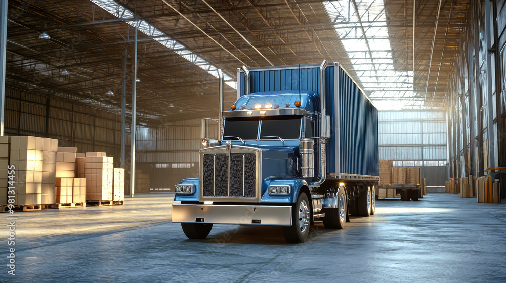 Fototapeta premium The blue truck stands ready with its door open, showcasing a pallet of boxes inside the vast, empty warehouse bathed in soft sunlight