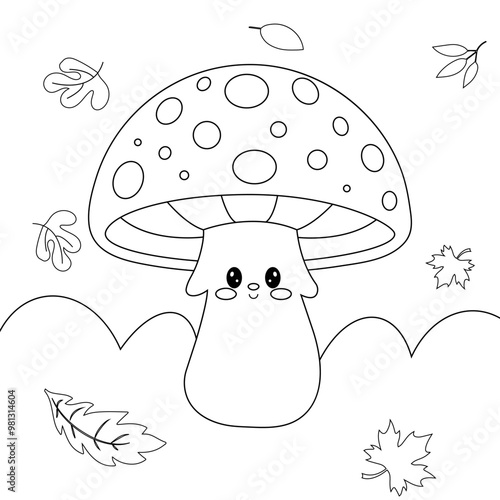 Funny friendly mushroom among the autumn leaves. Vector cartoon illustration, coloring page, outline drawing.