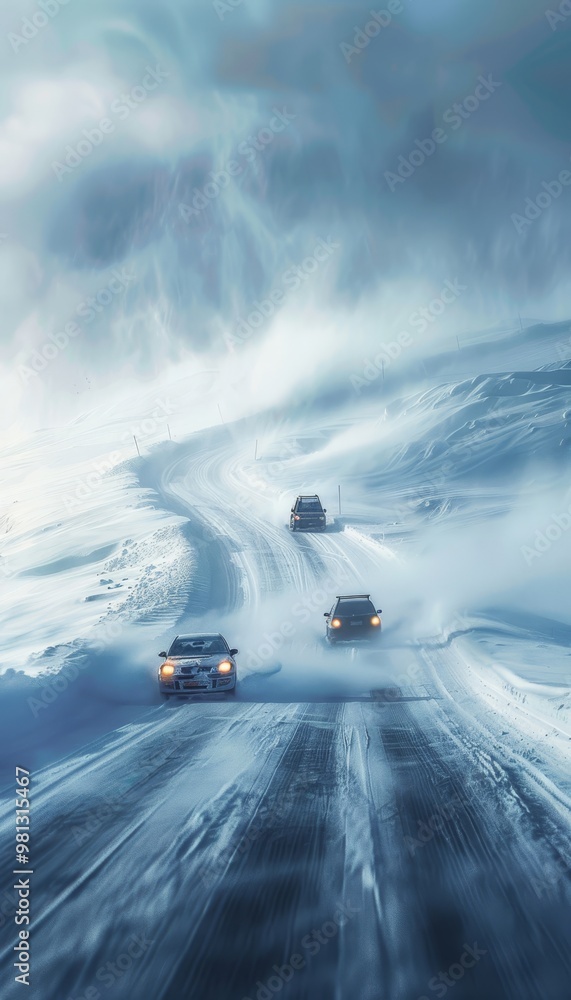 Dramatic blizzard scene with cars navigating a snow covered road amidst harsh winter conditions Dramatic blizzard scene with cars navigating a snow covered road amidst harsh winter conditions
