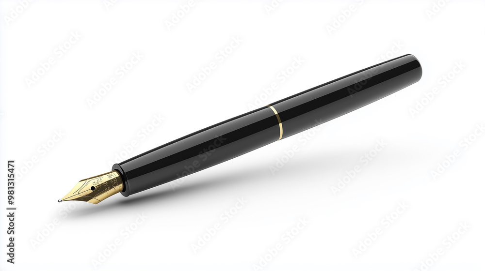 Sleek Black Fountain Pen with Gold Nib Floating Horizontally on a White Background Sleek Black Fountain Pen with Gold Nib Floating Horizontally on a White Background