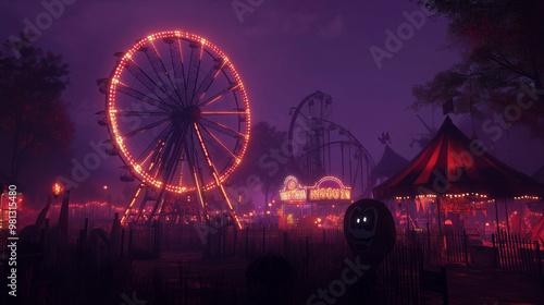 Eerie Night Carnival: Haunted Rides and Creepy Clowns Lit by Orange and Purple Lights