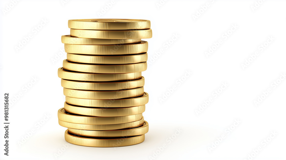 Golden Coin Tower: Perfectly Stacked Coins on a Clean White Backdrop Golden Coin Tower: Perfectly Stacked Coins on a Clean White Backdrop