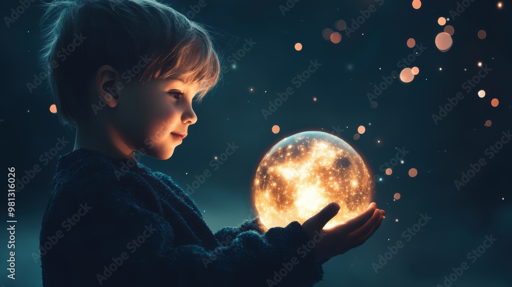 Naklejka premium Child with glowing orb in magical dreamlike atmosphere