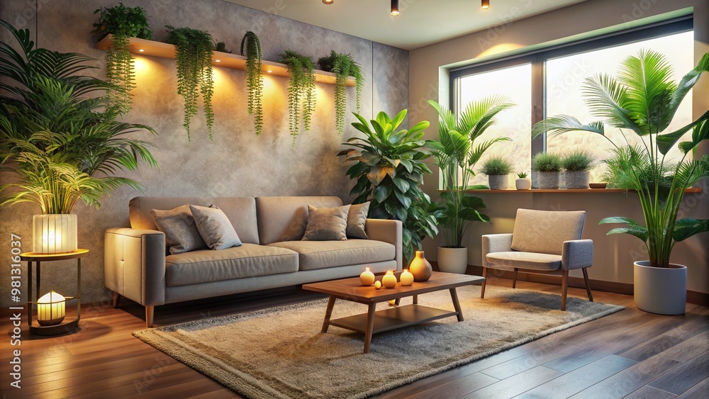 Fototapeta premium Soothing atmosphere in a calm therapy room with a comfortable couch, plants, and a serene background, conveying a sense of relaxation and emotional healing.