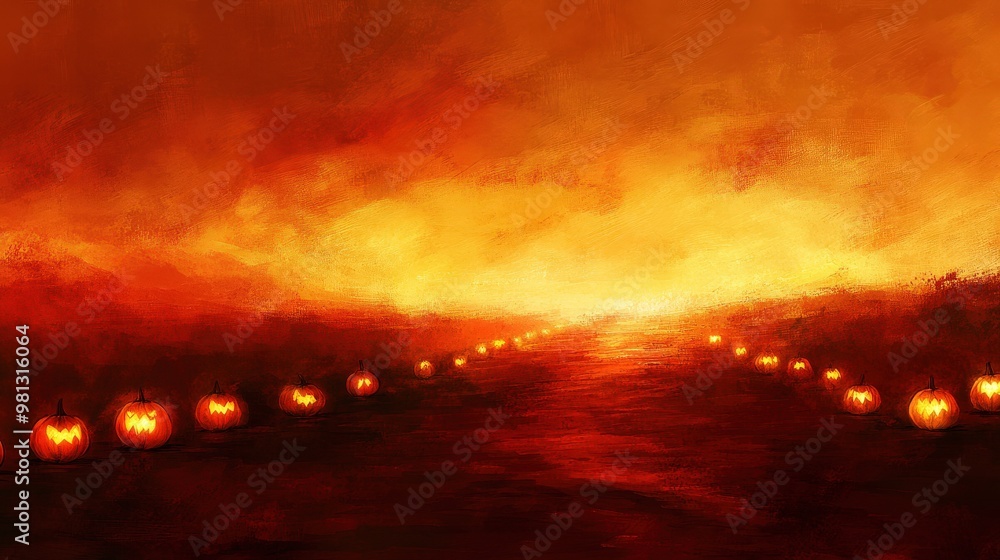 Halloween A painting of a path with pumpkins on it Halloween A painting of a path with pumpkins on it