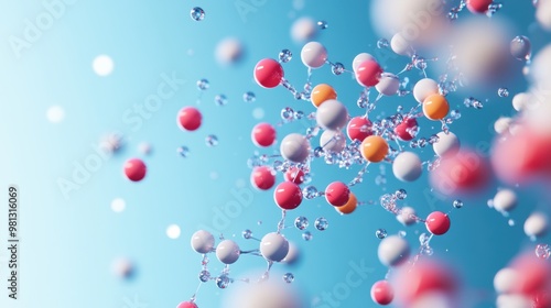 A stylized illustration of a chemical reaction involving organic molecules, highlighting the formation of new bonds and the creation of new compounds.