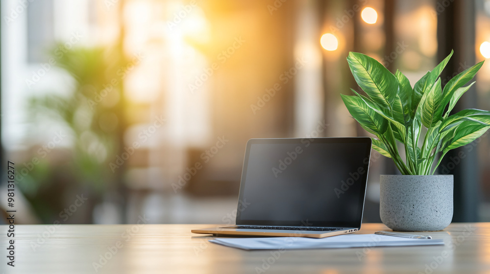 Modern office workspace with potted plant and laptop displaying empty screen on desk with blurry background Modern office workspace with potted plant and laptop displaying empty screen on desk with blurry background