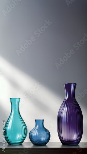 Three Modern Glass Vases on a Minimalist Shelf Vertical Format photo