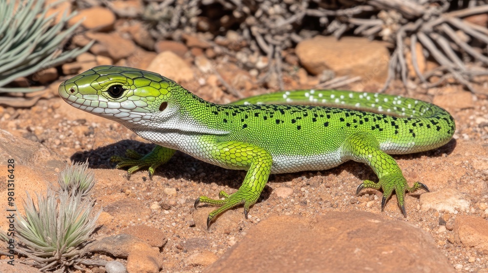 Naklejka premium A lizard rests atop a pile of rocks in the desert, soaking up sunlight while highlighting its beautiful black striped pattern and the surrounding arid landscape