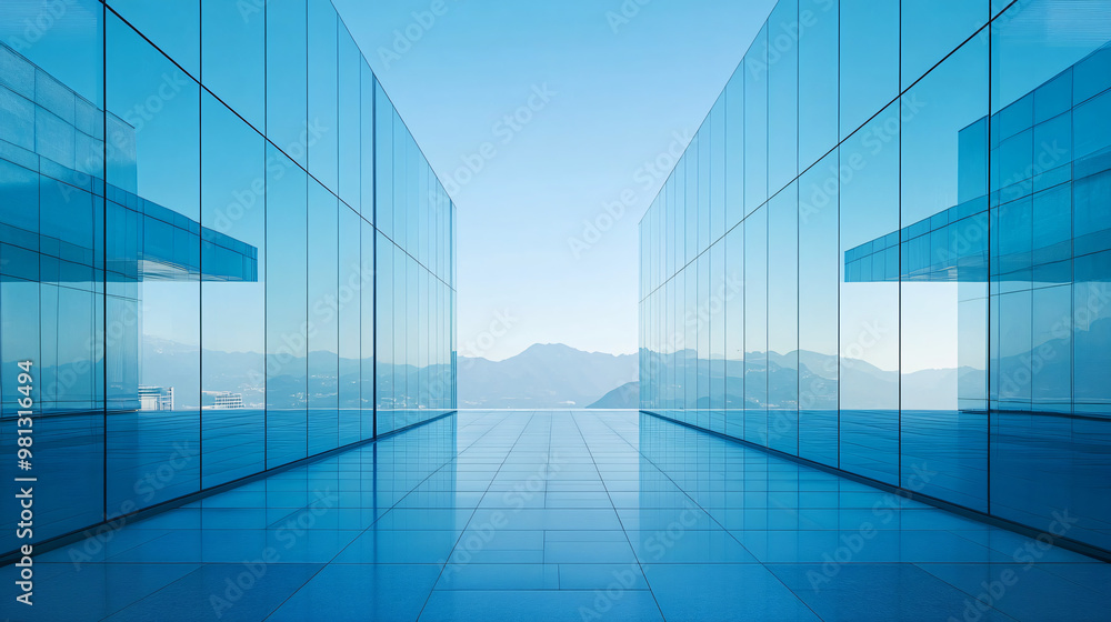 Spacious corridor with blue glass windows reflecting mountains in modern office building Spacious corridor with blue glass windows reflecting mountains in modern office building