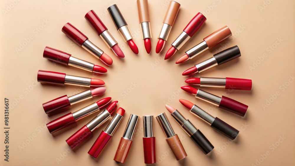 Circle of different shades of red lipsticks on beige background , makeup, cosmetics, flat lay, beauty, oval, arrangement Circle of different shades of red lipsticks on beige background , makeup, cosmetics, flat lay, beauty, oval, arrangement