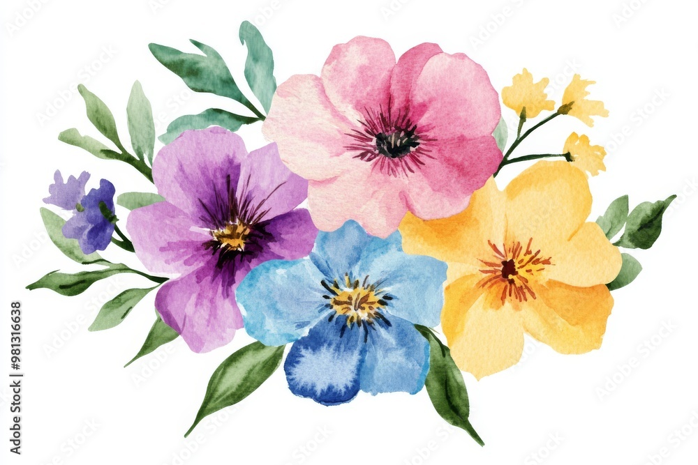 Fototapeta premium This beautiful watercolor illustration of wildflowers in pink, purple, blue, and yellow enhances wedding invitations, greeting cards, and spring decorations with artistic charm for any occasion