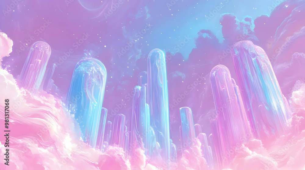 Glass Towers Rise Above Clouds in a Dreamlike Sky Glass Towers Rise Above Clouds in a Dreamlike Sky