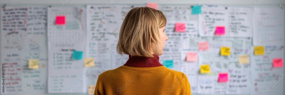 Rear view of a woman standing in front of a whiteboard covered with sticky notes and charts, focusing on brainstorming and planning. Rear view of a woman standing in front of a whiteboard covered with sticky notes and charts, focusing on brainstorming and planning.