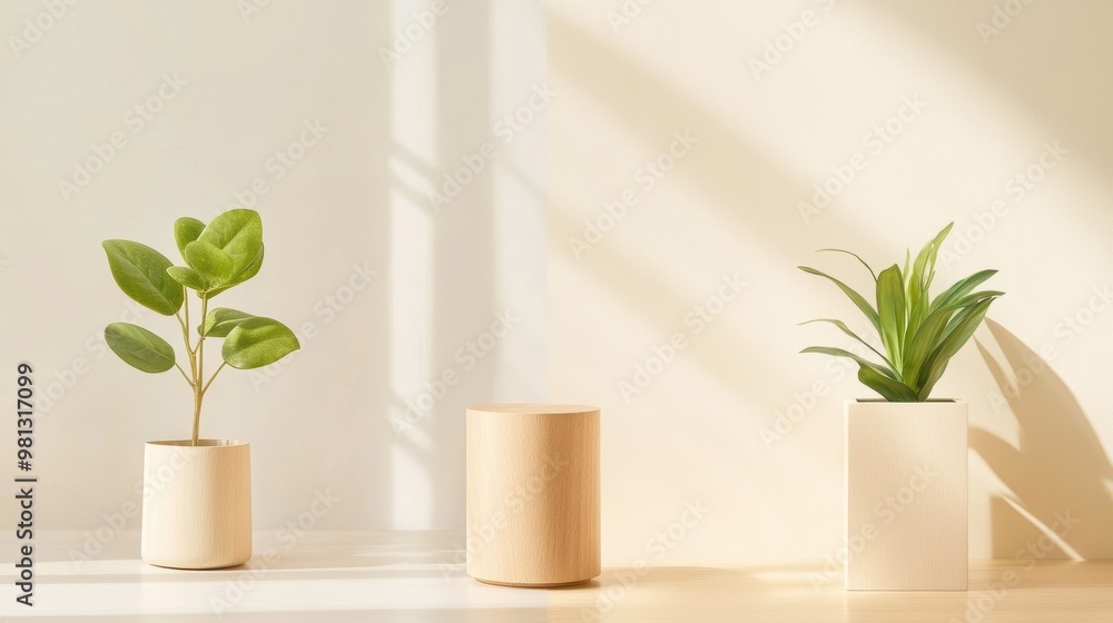 Scandinavian home decor with light wood furniture, natural textiles, and potted plants. Scandinavian home decor with light wood furniture, natural textiles, and potted plants.