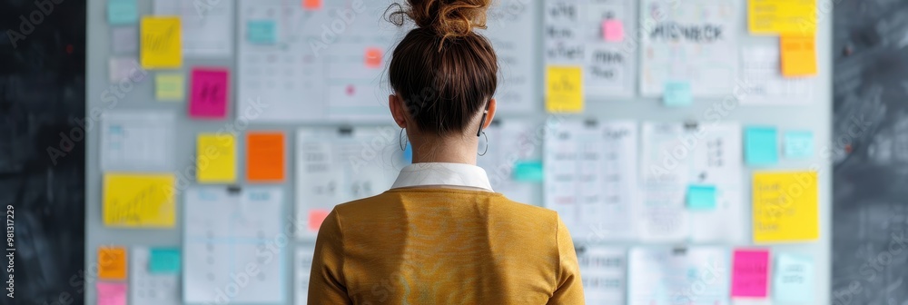 Back view of a woman wearing a headset, reviewing a whiteboard filled with sticky notes and documents, brainstorming project ideas. Back view of a woman wearing a headset, reviewing a whiteboard filled with sticky notes and documents, brainstorming project ideas.