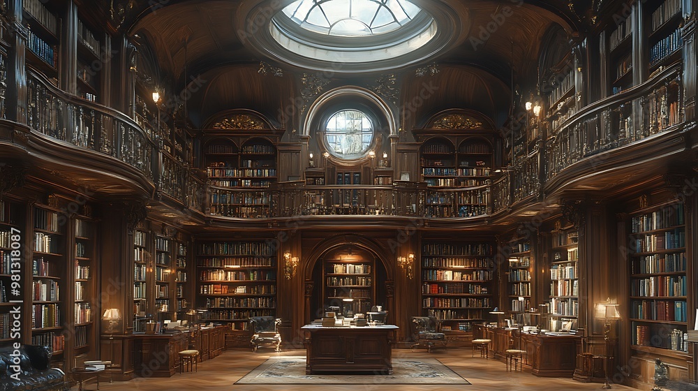 Fototapeta premium A grand, ornate library with wood-paneled walls, a domed ceiling, and multiple levels of bookshelves filled with books.