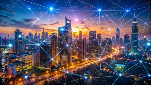 A futuristic cityscape at dusk with neon lights illuminating a complex network of nodes and connections, representing the vast scope of big data analytics.