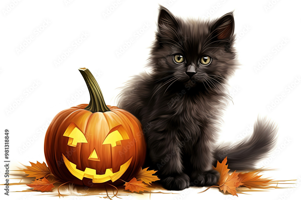 cute black kitten and pumpkin on white background, halloween postcard. Generative Ai cute black kitten and pumpkin on white background, halloween postcard. Generative Ai