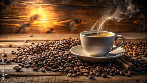 Steam rises from a freshly brewed cup of coffee, placed on a rustic wooden table amidst a scattered array of coffee beans and scattered morning light.