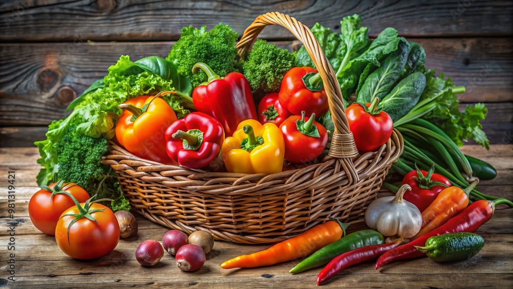 Freshly harvested colorful vegetables, including tomatoes, bell peppers, carrots, and leafy greens, arranged artfully in a woven basket on a rustic wooden table. Freshly harvested colorful vegetables, including tomatoes, bell peppers, carrots, and leafy greens, arranged artfully in a woven basket on a rustic wooden table.