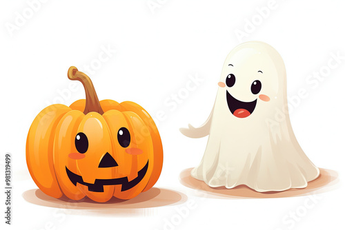 cute ghost and pumpkin, halloween postcard. Generative Ai