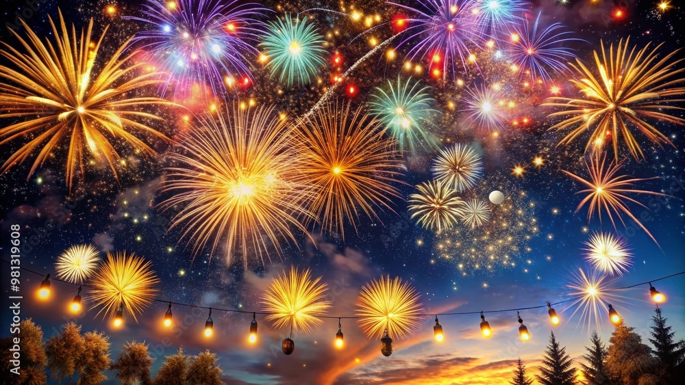 Vibrant fireworks explode in a starry night sky, casting a warm glow on festive party decorations, capturing the magic of a joyful holiday celebration. Vibrant fireworks explode in a starry night sky, casting a warm glow on festive party decorations, capturing the magic of a joyful holiday celebration.