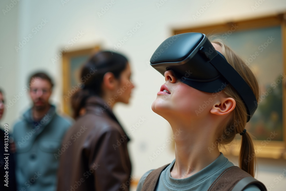 person wearing headset VR virtual reality standing in museum, generative AI person wearing headset VR virtual reality standing in museum, generative AI
